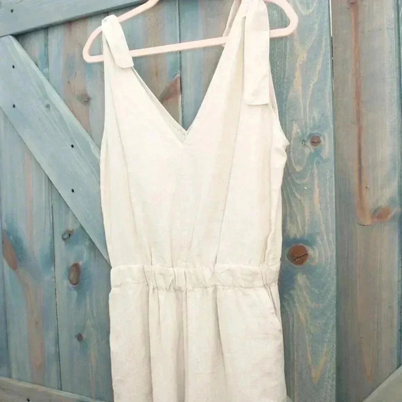 Khaki 100% Linen Cropped Jumpsuit Tan Romper Size Small Anthropologie - Picture 3 of 9